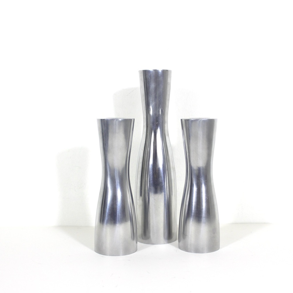 Erika Pekkari Candlesticks, Modernist Mid Century Modern Aluminum Candle Holders